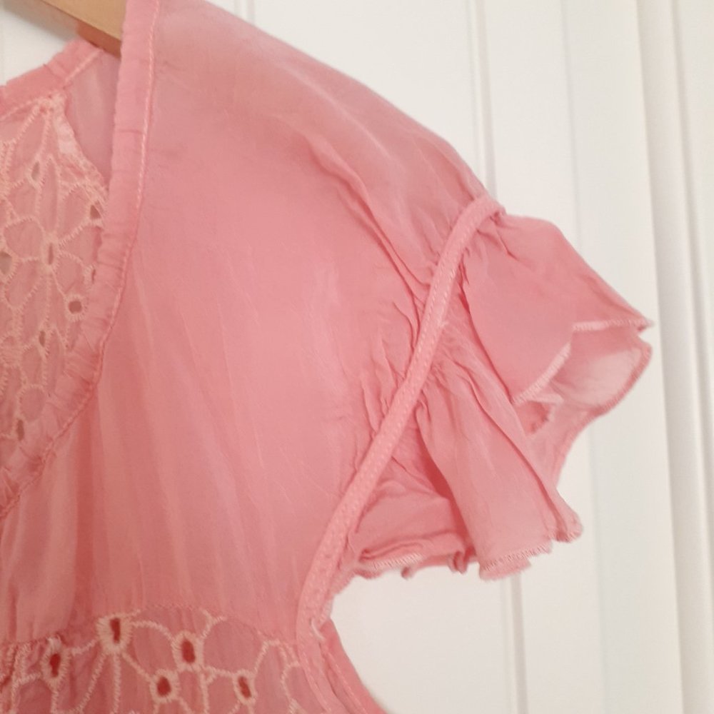 Johnny Was Short Sleeve Eyelet Rayon Top with Scoop Neck & Tie Pink Size XS - Picture 6 of 9